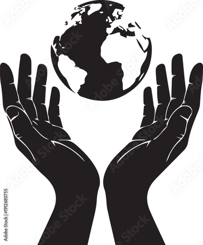 Hands holding globe illustration vector silhouette concept care for earth protect planet eco friendly