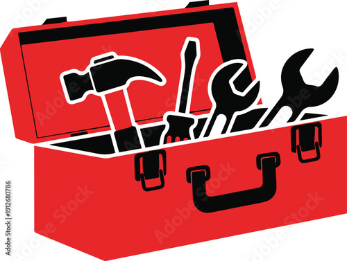 Essential hand tools neatly arranged in a classic red portable toolbox, ready for various repair tasks, home improvement projects, and general maintenance work