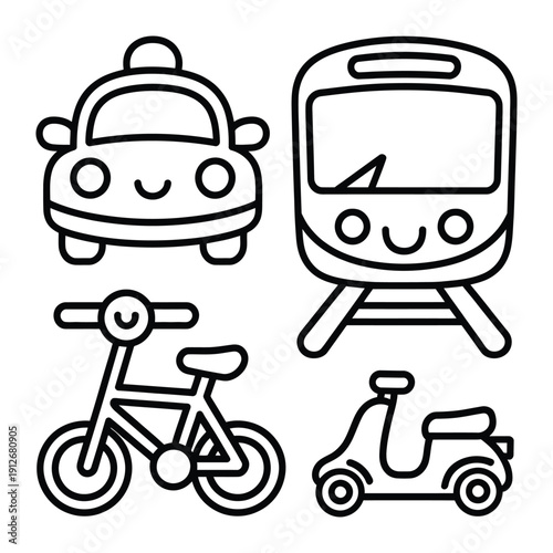 Transportation Illustration: A collection of charming cartoon transportation options designed in a simplistic style, perfect for educational material or creative projects.