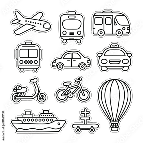 Transportation Icons: A collection of simple, black and white illustrations of various transportation methods, perfect for travel-themed projects and designs.