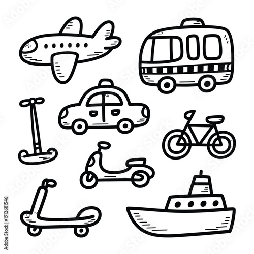 Vehicles in Monochrome: An assortment of line art illustrations, each depicting a different mode of transportation, set against a pristine, uncluttered backdrop. The vehicles are drawn in a simple.