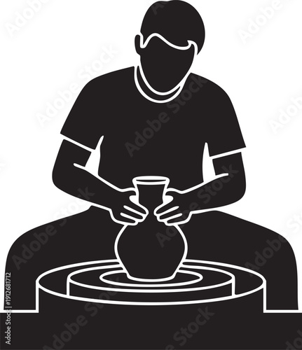 Person sitting at a pottery wheel shaping a clay vase silhouette isolated on white background minimalist pottery making and ceramic craft illustration