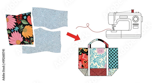 DIY Sewing Project: Illustrated Process of Making a Patterned Tote Bag from Fabric Pieces with a Sewing Machine
