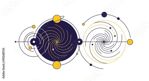 Minimalist Cosmic Geometry: Abstract Galaxy Vortex, Solar System Orbits, and Data Flow Concept Vector Illustration