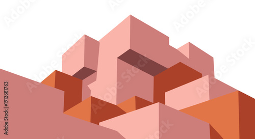 Modern minimal illustration of stacked geometric blocks in pink and burnt orange.