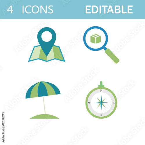 4 editable travel and location flat design vector icons illustration