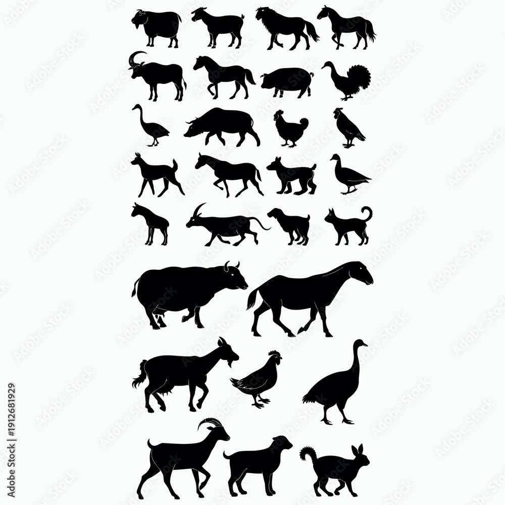 Fototapeta premium Country Farm Animal Silhouettes – 30 Rustic Barnyard Vector Clipart for Logo & Merch