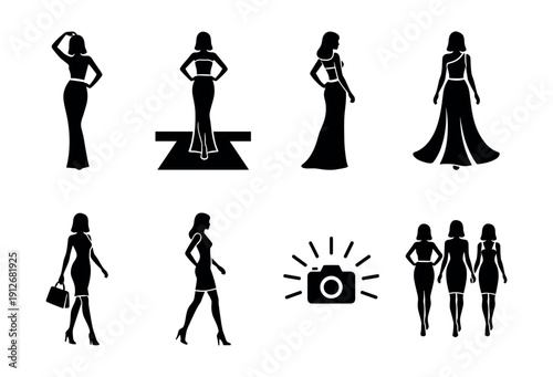 Fashion modeling silhouette icons set