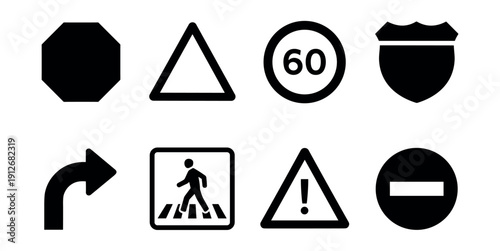 Road signs collection in black and white silhouette