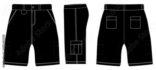 Black Cargo Shorts Front Side and Back View Technical Vector Template