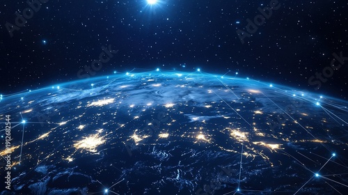 Dark blue background earth globe at center glowing lines global network connectivity IT platform digital transformation innovation technology concept