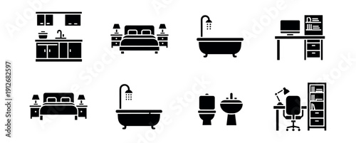 Household rooms and furniture minimalist icons set