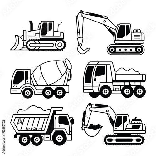 Construction Vehicle Compilation: An illustrative compilation of construction vehicles, meticulously sketched in a monochrome style. Showcasing an excavator, bulldozer, concrete mixer truck.
