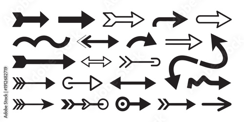 Black arrow icons set isolated on white background collection of diverse vector pointers for navigation design