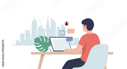 Productive young professional working remotely on laptop at a modern desk with urban city background, engaged in online tasks and digital communication for business success
