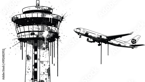 ollection of industrial power pylon silhouettes, airport control tower with paint splatter, airplane aviation symbols, and electrical transmission towers in forest.