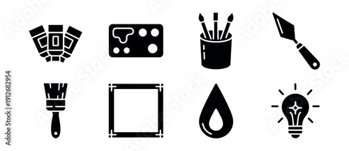 Art supplies and creativity black and white icons set