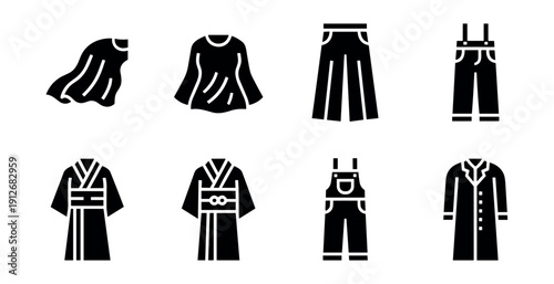 Clothing minimal black and white icons set