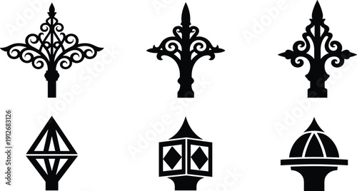 Ornate fence finial silhouette set, decorative wrought iron gate toppers, architectural pillar cap icons, vintage fence post head vector graphics,