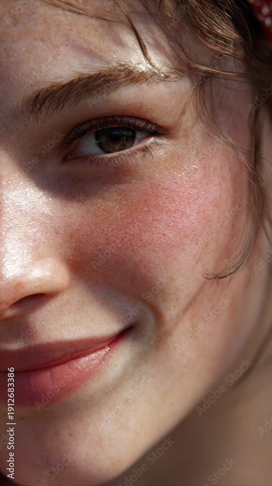 Fototapeta premium Young woman smiling, her face showing natural beauty, with skin highlighting freckles and glowing from the sun, expressing innocence, youth, and happiness in a close up detail