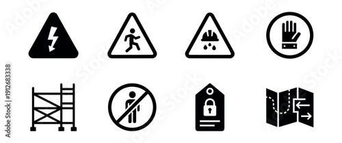 Safety and informational black and white icons set