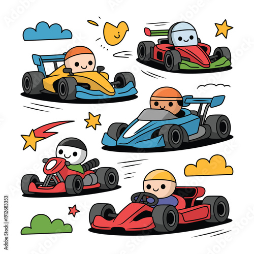Kart Racing Cartoon: a colorful illustration featuring a collection of animated karts, each with its own driver, set against a backdrop of playful design elements. A vibrant and cheerful visual.
