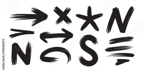 Brushed paint strokes set with black ink arrows and abstract letters for modern graphic design and branding