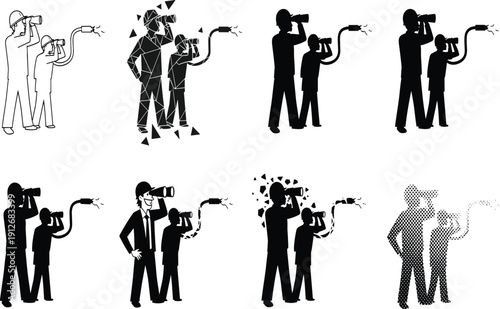 Photographer silhouettes, camera teamwork illustration, creative media concept, journalism teamwork, videography collaboration, flat icon set, isolated vector design