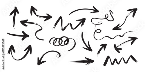 Black grunge arrow collection hand drawn brush stroke vector pointers various shapes for creative design