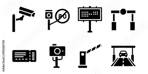 Traffic management and surveillance line icons set