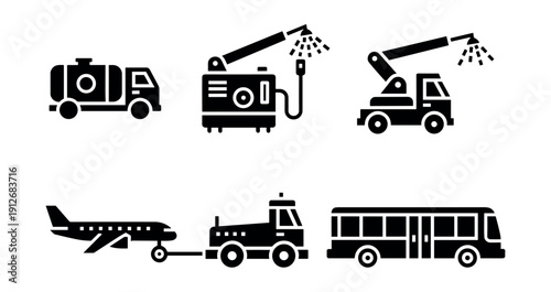 Airport and industrial vehicles silhouette icons set