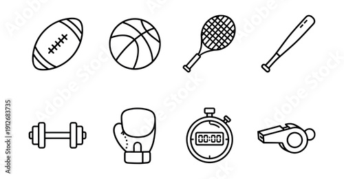 Sports equipment and accessories line icons set