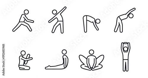 Exercise and stretching stick figure poses set