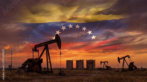 Venezuelan Oil Industry Pumpjacks Operating at Sunset.