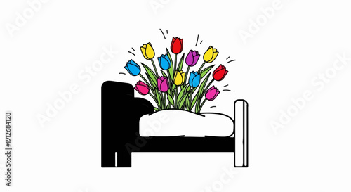 A bed with a bouquet of colorful tulips bursting from the covers