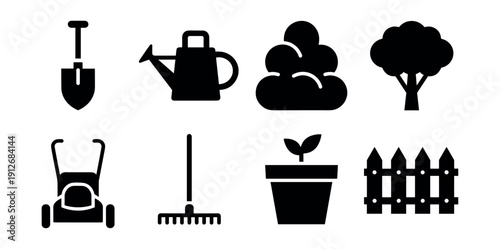 Gardening and landscaping silhouette icons set