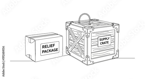 Supply Crate and Relief Package - Line Art Illustration