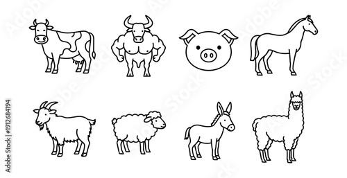 Farm animals cartoon line illustration set