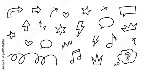 Hand drawn doodle elements set with stars hearts lightning bolts and speech bubbles for creative design work