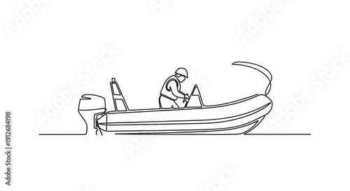 Line Art Illustration of a Rigid Inflatable Boat with Person at Helm
