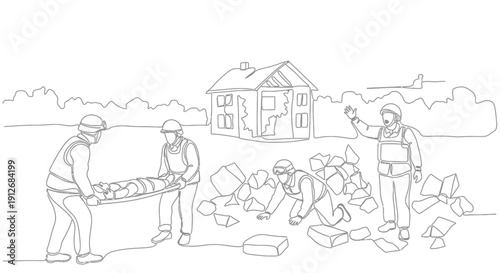 Disaster Rescue Team Saves Victim from Rubble Near Damaged House