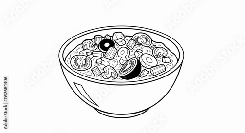 A black and white drawing of a bowl filled with chopped vegetables and pasta