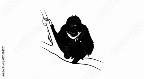 A black and white cartoon of an orangutan holding onto a branch