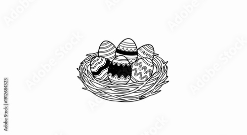 A black and white drawing of a bird's nest filled with decorative Easter eggs