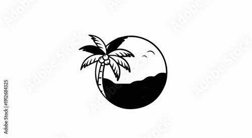 A black and white circular logo featuring a palm tree and a wavy horizon
