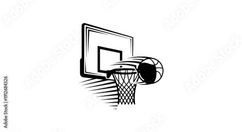 A black and white illustration of a basketball going into a net