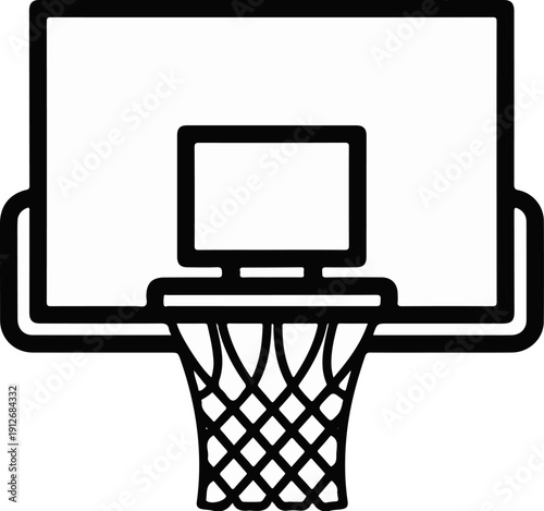 A black and white illustration of a basketball hoop, showing the backboard, rim, and net