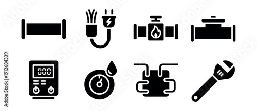 Industrial black and white line icons set