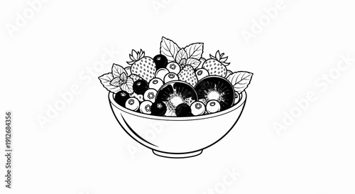 A black and white drawing of a bowl of mixed fruits and mint leaves