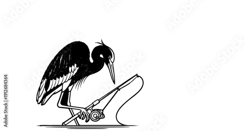 A black and white illustration of a bird holding a fishing rod
